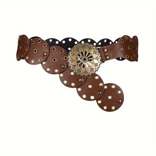 TEMU Women's Vintage Western Style Pu Leather Belt With Rivet & Cut-out Details - Adjustable Wide Waist Cinch For Dresses, Casual Outfits, Evening