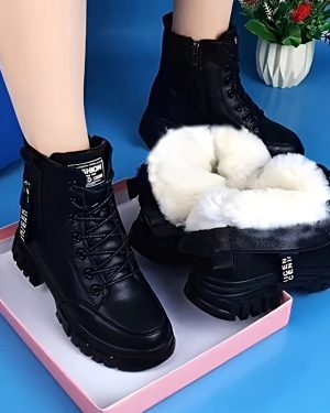 TEMU Women's Winter Fleece-lined Chunky Heel Ankle Boots - Round Toe Synthetic Cover With Thick Rubber Sole, Lace-up Mid-heel Boots For Cold Weather,