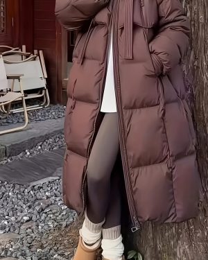 TEMU [winter Chic] Women' Winter Over-the-knee Puffer Coat - Thick, Warm Duck Down Jacket With Zip Closure, Long Sleeves, And Drawstring Hood, Casual