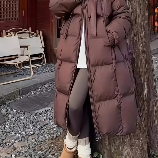 TEMU [winter Chic] Women' Winter Over-the-knee Puffer Coat - Thick, Warm Duck Down Jacket With Zip Closure, Long Sleeves, And Drawstring Hood, Casual