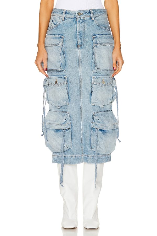 THE ATTICO Denim Midi Skirt in Sky Blue - Denim-Light. Size 25 (also in ).