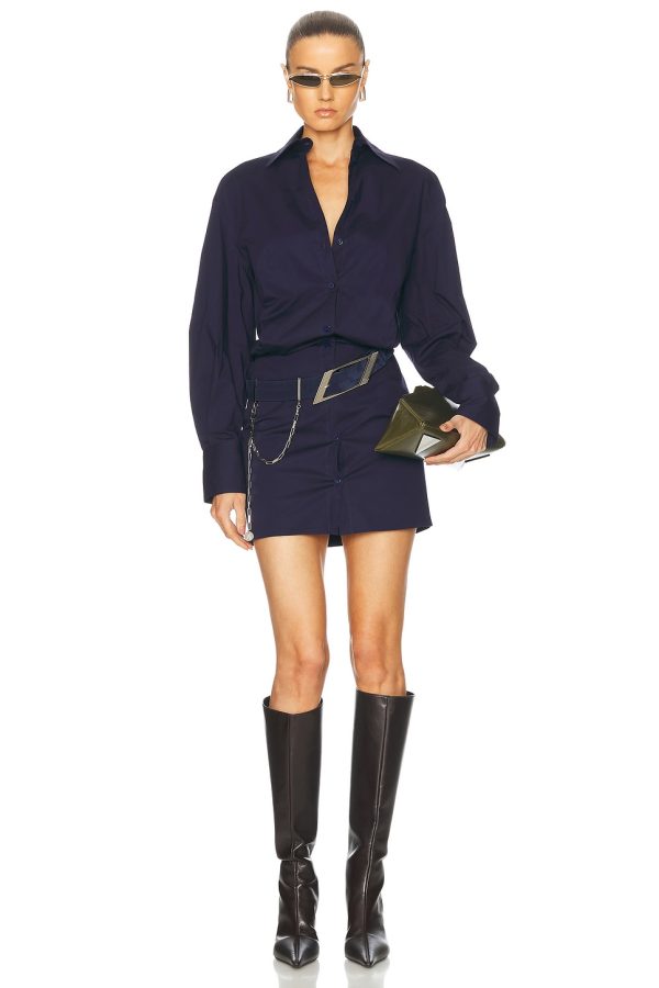 THE ATTICO Long Sleeve Shirt Mini Dress in Navy Blue - Navy. Size 36 (also in 38, 40, 42, 44).