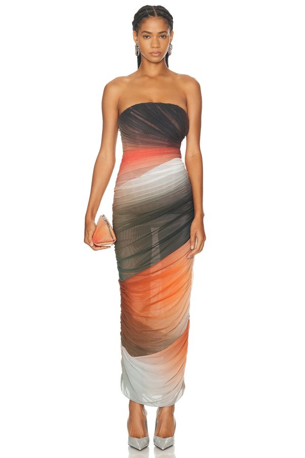 THE ATTICO Strapless Midi Dress in Orange Brown & White Gradient - Brown,Orange. Size 36 (also in 38).