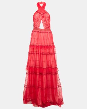 Tadashi Shoji Red Sequin Tulle Halter Neck Tiered Gown M
