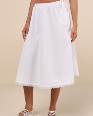 Taka White Cotton Poplin Lace Drawstring Midi Skirt