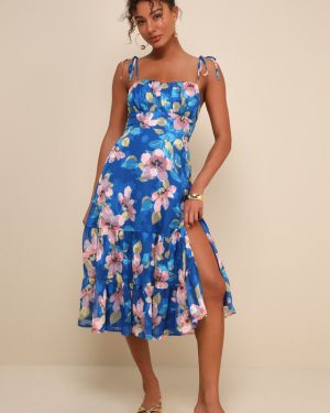 Tea Party Chic Blue Floral Print Tie-Strap Tiered Midi Dress