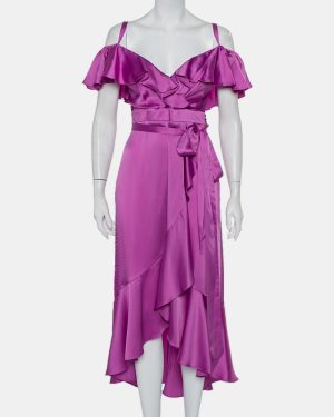 Temperley Purple Satin Ruffled Cold Shoulder Belted Faux Wrap Midi Dress M