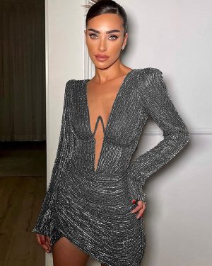 Textured Mini Dress Plunge Faux Wrap Skirt Ruched Birtyday Party Dresses