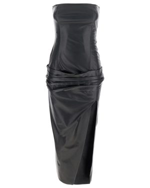 The Attico Black Sleeveless Off-shoulder Midi Dress With Front Single Slit And Ruched Waist In Leather Woman
