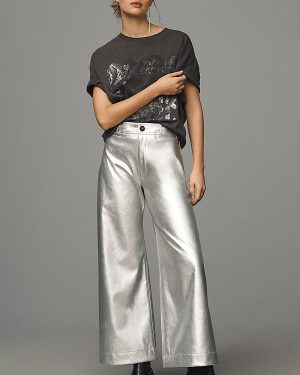 The Ettie High-Rise Crop Wide-Leg Trousers by Maeve: Metallic Faux-Leather Edition