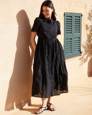 Threadbare Women's Black Short Sleeve Collared Broderie Maxi Shirt Dress