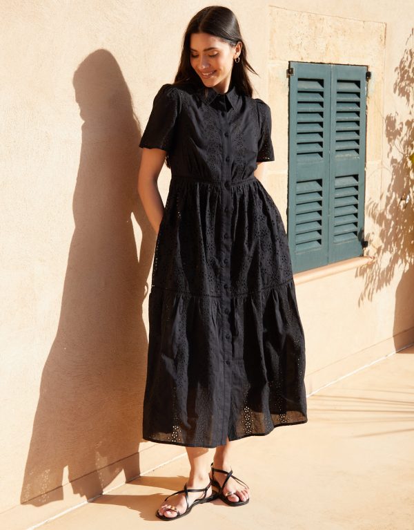 Threadbare Women's Black Short Sleeve Collared Broderie Maxi Shirt Dress