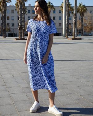 Threadbare Women's Blue Floral Jersey Midi Smock Dress with Pockets