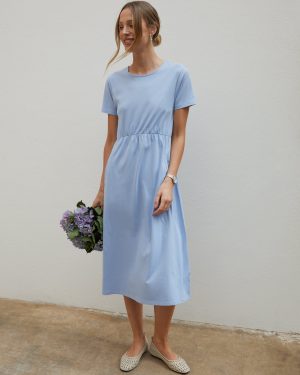 Threadbare Women's Blue Jersey Midi Smock Dress with Pockets