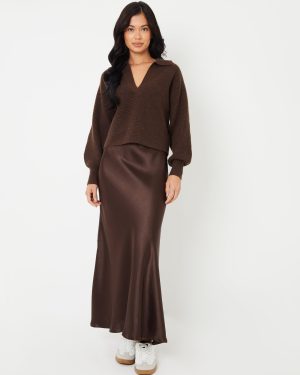 Threadbare Women's Chocolate Brown Maxi Satin Slip Skirt