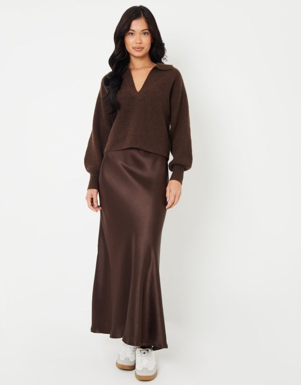 Threadbare Women's Chocolate Brown Maxi Satin Slip Skirt