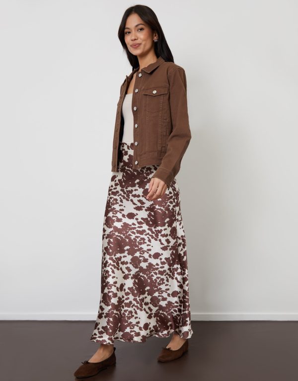 Threadbare Women's Cow Print Maxi Satin Slip Skirt