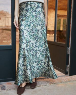Threadbare Women's Green Camo Print Maxi Satin Slip Skirt