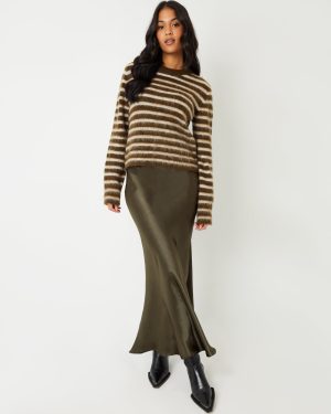 Threadbare Women's Khaki Green Maxi Satin Slip Skirt