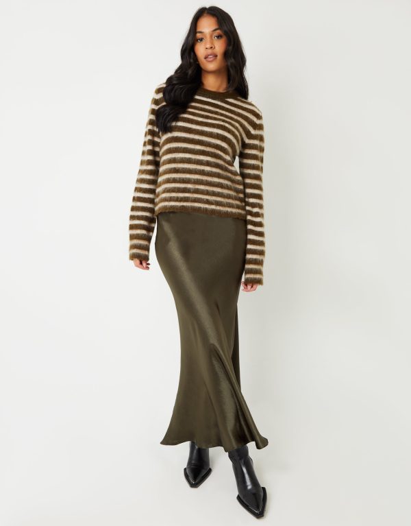 Threadbare Women's Khaki Green Maxi Satin Slip Skirt