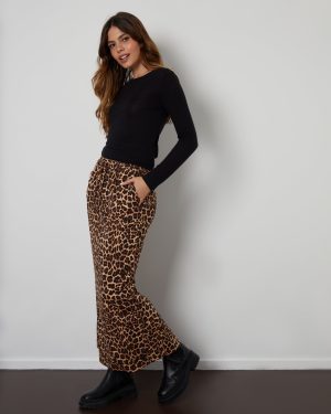 Threadbare Women's Leopard Print Jersey Maxi Skirt with Pockets