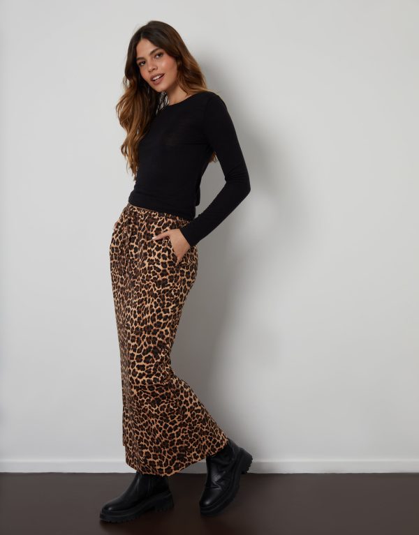 Threadbare Women's Leopard Print Jersey Maxi Skirt with Pockets