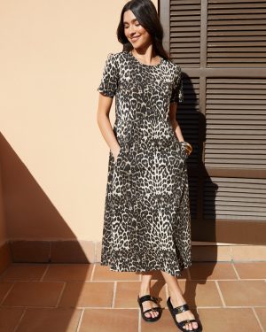 Threadbare Women's Leopard Print Jersey Midi Smock Dress with Pockets