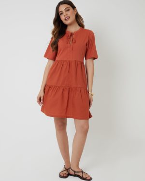 Threadbare Women's Rust Orange Tiered Jersey Poplin Mix Mini Dress