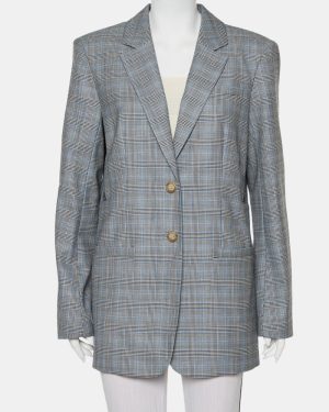 Tibi Grey Cooper Plaided Wool & Silk Cutout Detail Blazer L