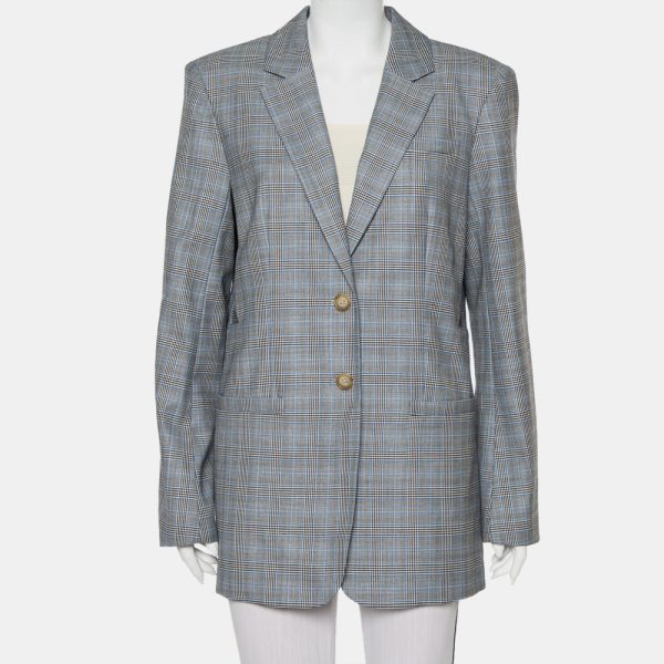 Tibi Grey Cooper Plaided Wool & Silk Cutout Detail Blazer L