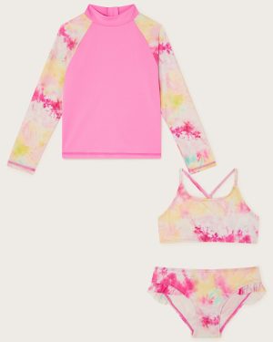 Tie Dye Long Sleeve Swim Top and Bikini Set Pink