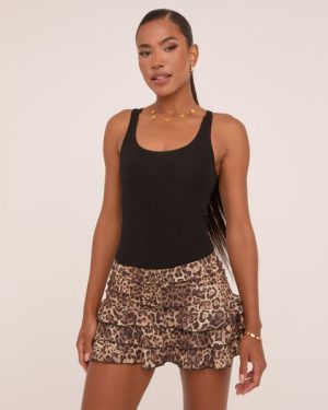 Tie Waist Frilly Mini Skirt In Brown Leopard Print Texture, Women's Size UK 4