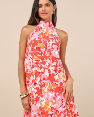 Tied Back To You Red and Pink Floral Print Mini Shift Dress