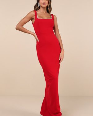 Timeless Poise Red Rhinestone Square Neck Backless Maxi Dress