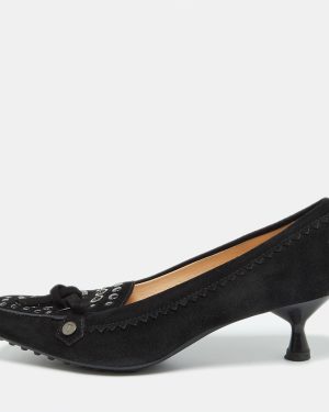 Tod's Black Suede Studded Kitten Heel Loafer Pumps Size 38.5