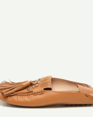 Tod's Brown Leather Tassel Logo Embellished Loafers Size 37.5