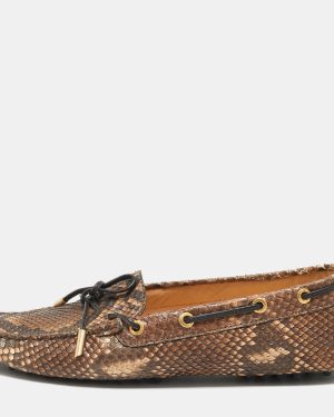 Tod's Brown/Beige Python Leather Gommino Bow Slip On Loafers Size 39