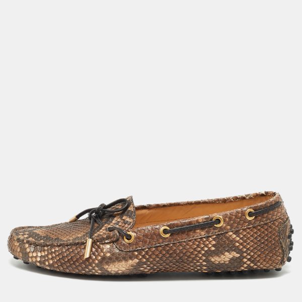 Tod's Brown/Beige Python Leather Gommino Bow Slip On Loafers Size 39