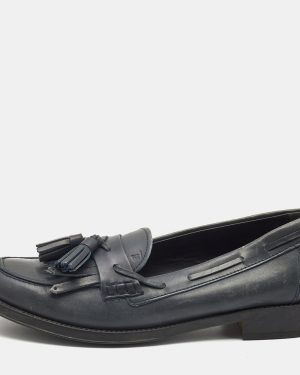 Tod's Dark Grey Leather Tassel Bow Fringe Detail Loafers Size 37.5