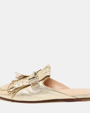 Tod's Gold Metallic Leather Double T Studded Fringe Flat Mules Size 37.5
