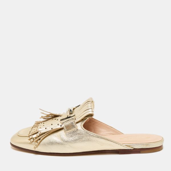 Tod's Gold Metallic Leather Double T Studded Fringe Flat Mules Size 37.5