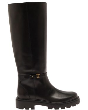 Tod's Knee Boots With Logo Detail And Chunky Platform In Leather