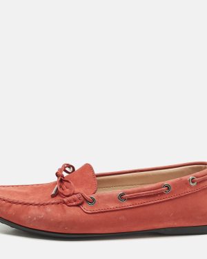 Tod's Red Nubuck Leather Bow Slip On Loafers Size 39.5