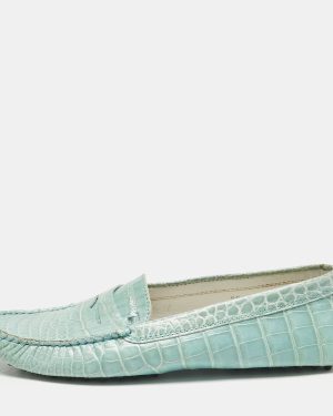 Tod's Seafoam Green Croc Embossed Leather Slip On Loafers Size 38