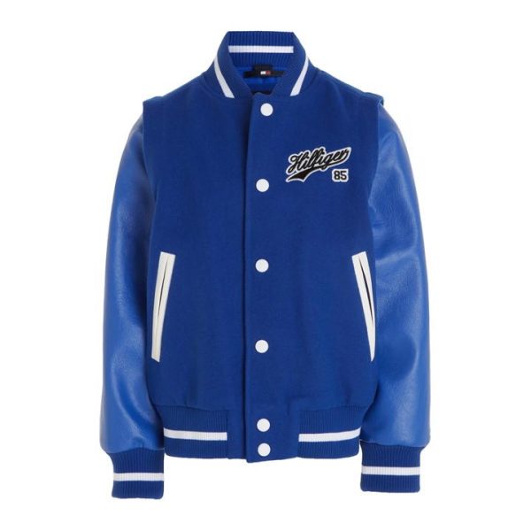 Tommy Hilfiger Varsity Zip-Off Sleeves Script Back Logo Bomber Jacket Juniors - Blue
