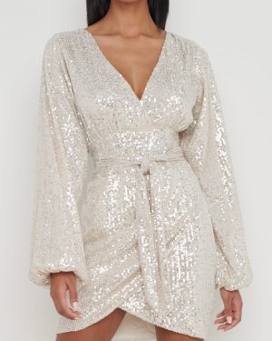 Tori Balloon Sleeve Sequin Dress - Silver, 26