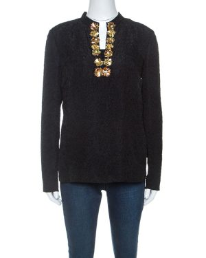 Tory Burch Black Embossed Silk Embellished Tunic Top M