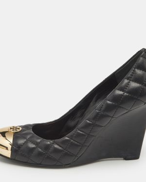 Tory Burch Black Quilted Leather Kaitlin Cap Toe Wedge Pumps Size 39