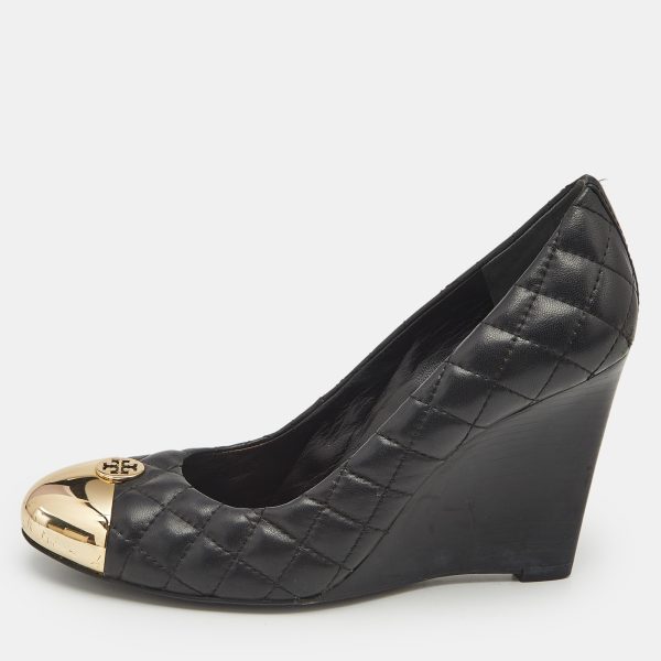 Tory Burch Black Quilted Leather Kaitlin Cap Toe Wedge Pumps Size 39