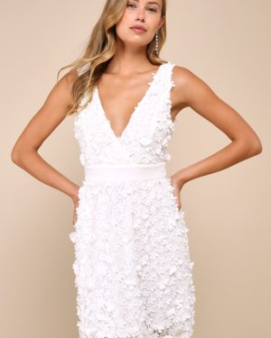 Totally Beautiful White 3D Floral Tie-Strap Skater Mini Dress